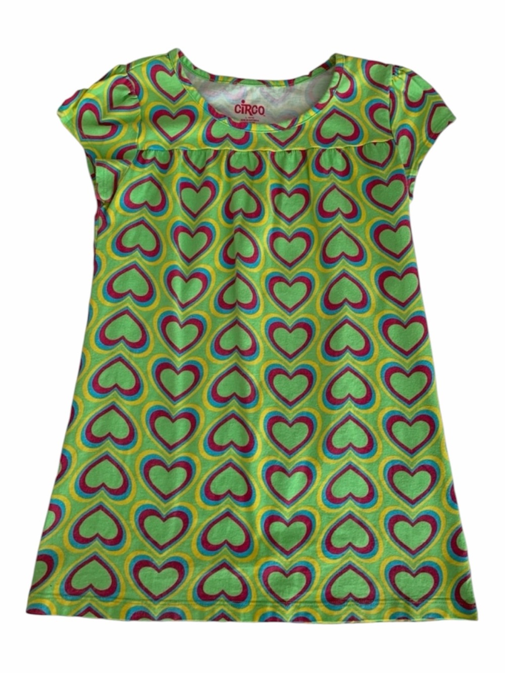 Circo Tunic Shirt Girl L (10-12) Green Pink Hearts Empire Waist Short Cap Sleeve